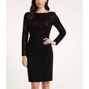 Ralph Lauren Women Sz 12 Sequin Stretch Jersey Sheath Dress Black Formal Holiday
